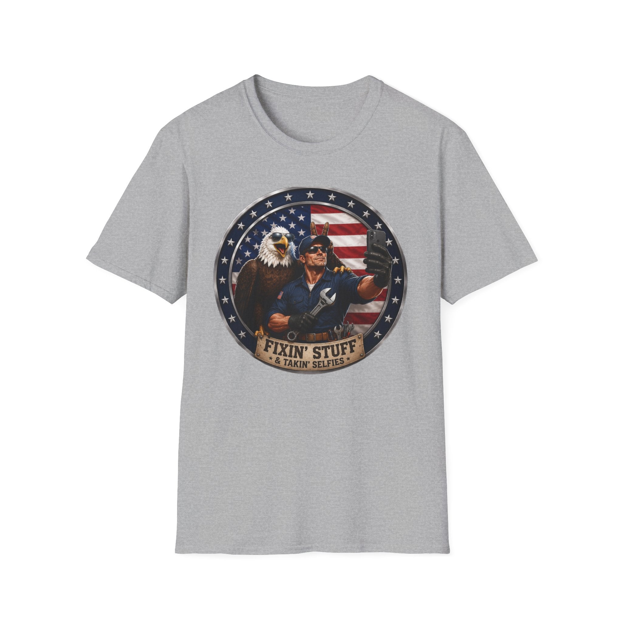 Patriotic "Fixin' Stuff" T-Shirt — American Eagle & Handyman Graphic