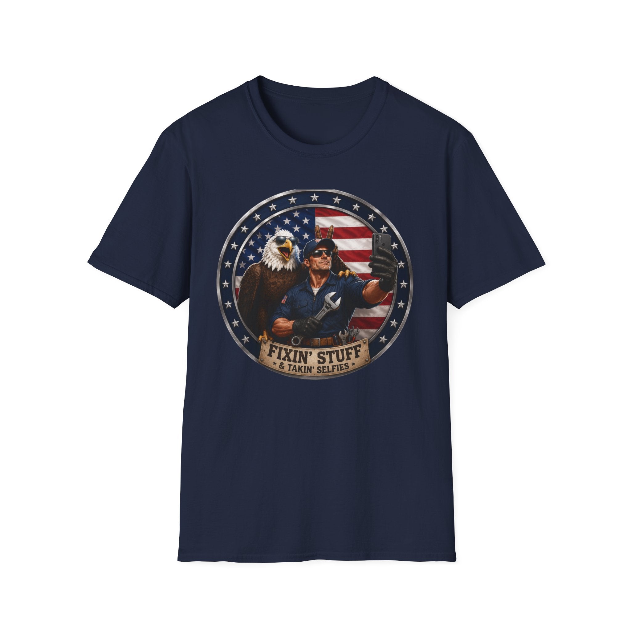 Patriotic "Fixin' Stuff" T-Shirt — American Eagle & Handyman Graphic