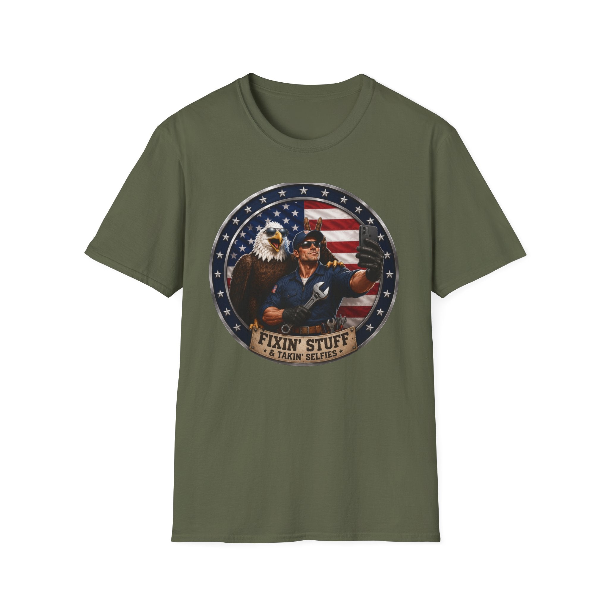 Patriotic "Fixin' Stuff" T-Shirt — American Eagle & Handyman Graphic