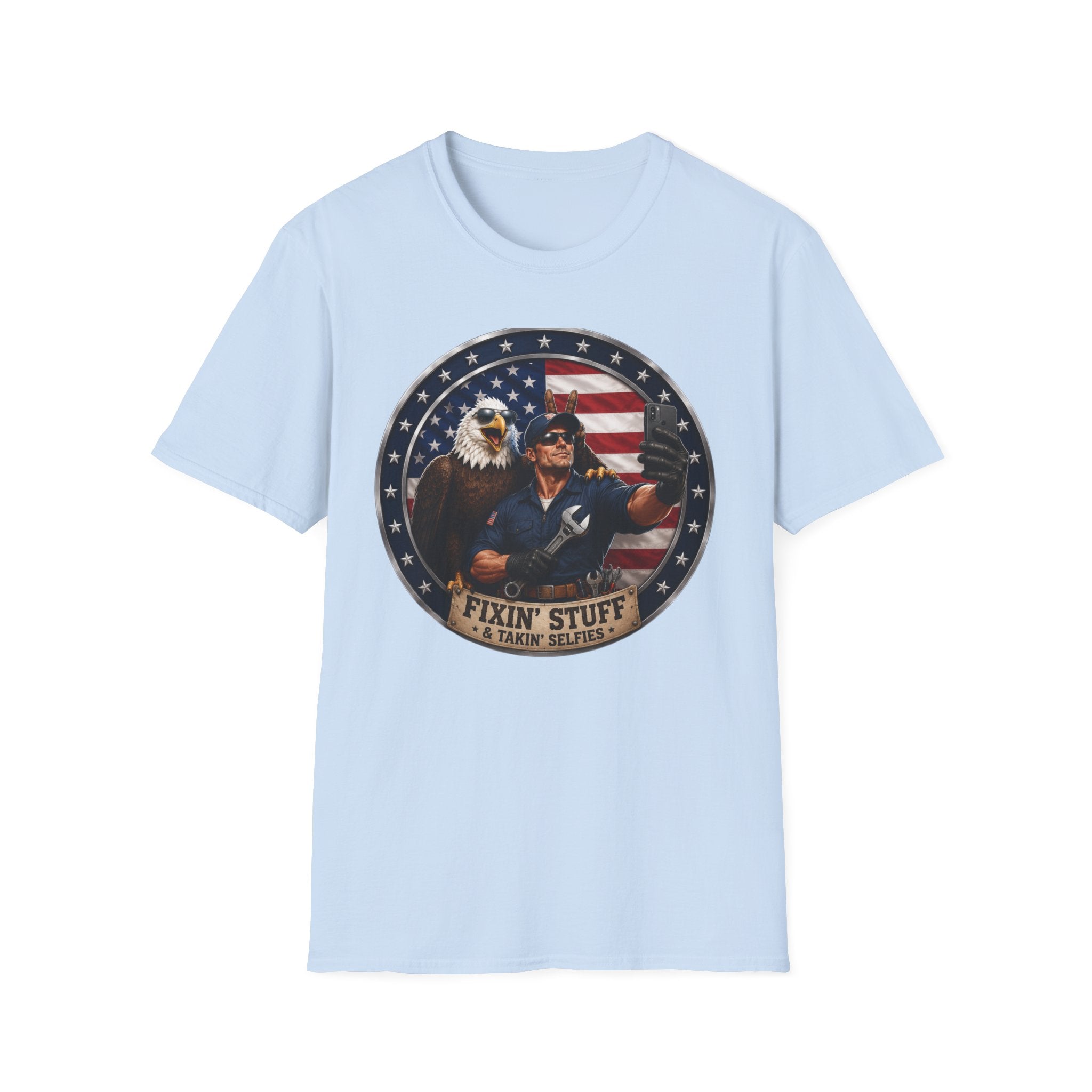Patriotic "Fixin' Stuff" T-Shirt — American Eagle & Handyman Graphic