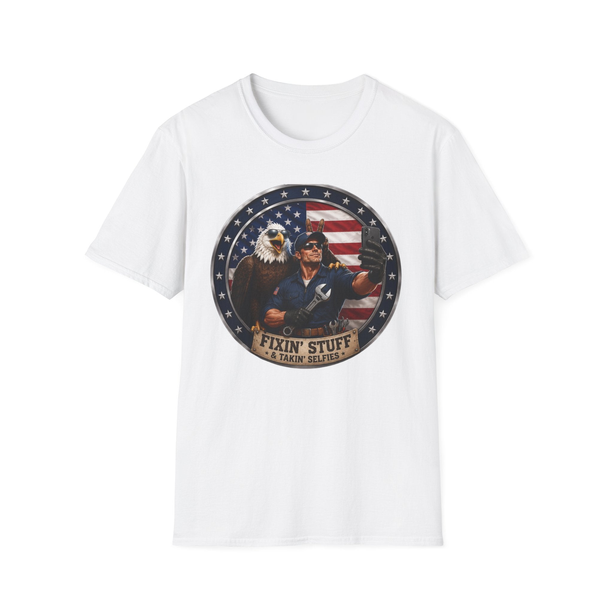 Patriotic "Fixin' Stuff" T-Shirt — American Eagle & Handyman Graphic